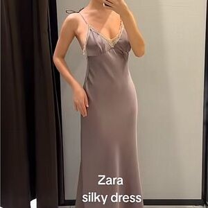 Zara Mauve Satin Slip Dress with Lace Trim